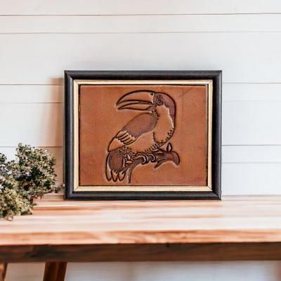 'Handcrafted Toucan-Themed Pinewood-Framed Leather Wall Art'