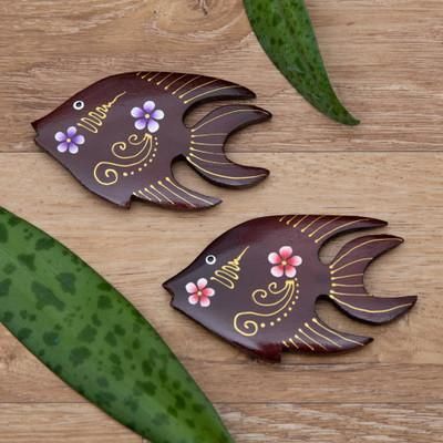 'Set of 2 Hand-Painted Floral Fish-Shaped Wood Magnets'