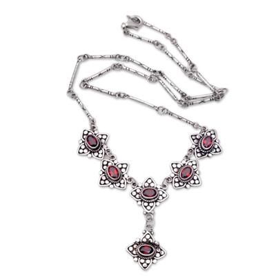 Sterling silver and garnet Y Necklace, 'Stellar Sextet'
