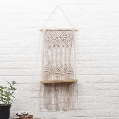 Serene Twists,'Woven Beige Cotton Macrame Hanging Shelf with Wood Accents'