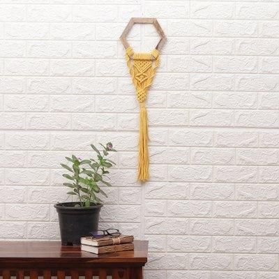 Successful Harmony,'Handwoven Hexagon Yellow Macrame Cotton Wall Hanging'