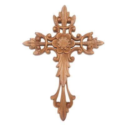 Natural Cross,'Flower Accent Wood Wall Cross'
