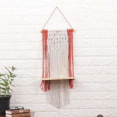 Audacious Swing,'Handwoven Red and Ivory Cotton Macrame Hanging Shelf'
