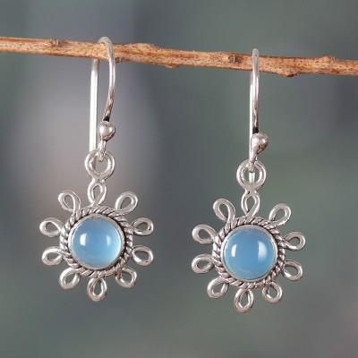 Kind Sun,'Sun-Shaped Sterling Silver Chalcedony Dangle Earrings'