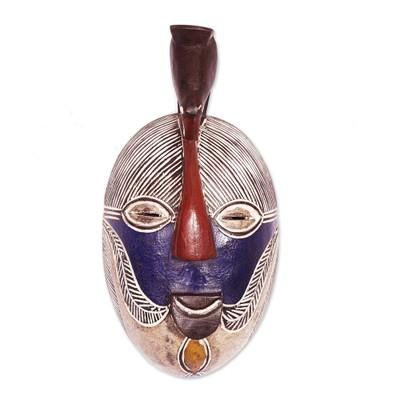 Songye Kifwebe,'Handmade Congolese Wood Wall Mask with Bird Accent'