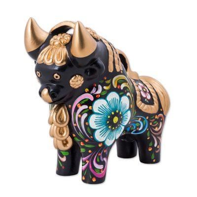 Big Colorful Pucara Bull,'Hand Painted Ceramic Bull with Floral Motifs from Peru'