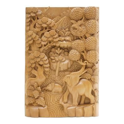 Wood relief panel, 'Elephants in the Wild'