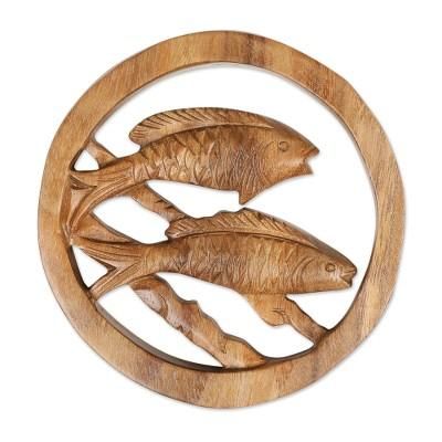 'Pisces-Themed Hand-Carved Round Suar Wood Relief Panel'