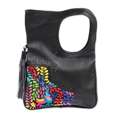 Hummingbird Garden,'Embroidered Hummingbird Black Leather Handle Handbag'