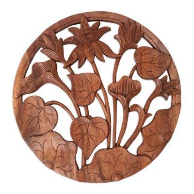 'Hand-Carved Suar Wood Relief Panel with Flowers and Leaves'