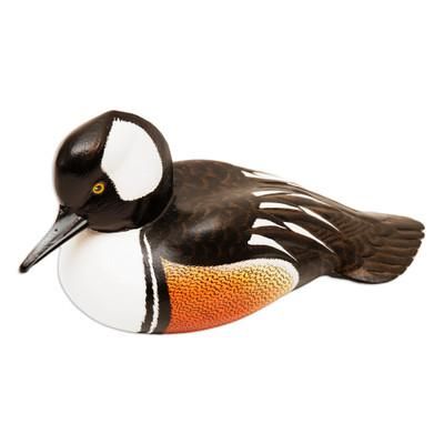 Wood sculpture, 'Hooded Merganser Duck' - Hand Made Wood Sculpture