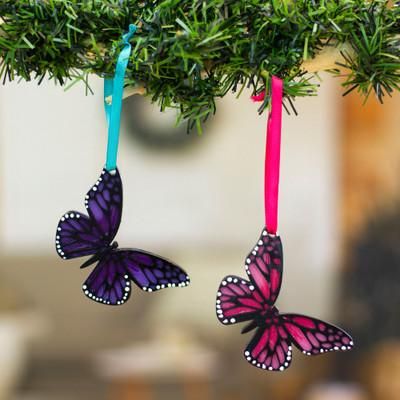'Pair of Hand-Painted Wood Butterfly Ornaments with Ribbons'