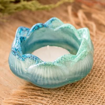 Blue Peace,'Handcrafted Blue Resin Lotus-Shaped Tealight Candleholder'