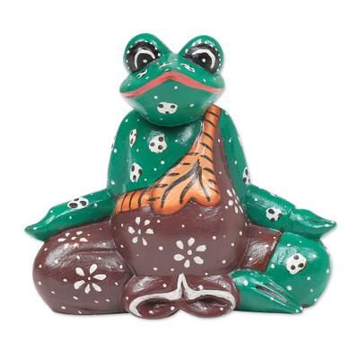 'Hand-Carved and Hand-Painted Meditating Frog Wood Figurine'