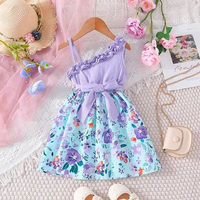 Robe à volants floraux pour enfants, robes de princesse pour enfants, bébé fille, anniversaire, été, Off initiated, fibre, Ootd, 1 - 6 ans