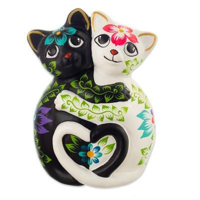 Feline Night and Day,'Cat-Themed Floral Handcrafted Ceramic Sculpture'