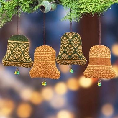 Sublime Yok Dok Holidays,'Set of 4 Golden and Green Yok Dok Bell Cotton Ornaments'