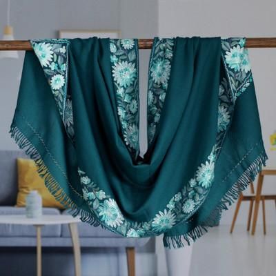 Teal Glory,'Floral Embroidered Wool and Rayon Shawl in Teal Hues'