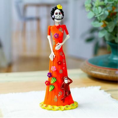 'Hand-Painted Catrina & Monkey Ceramic Sculpture from Mexico'