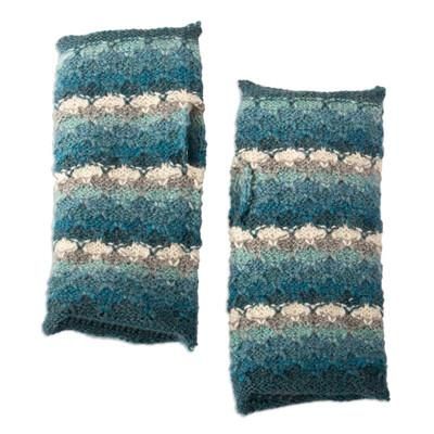 'Striped Peacock-Toned 100% Baby Alpaca Fingerless Mitts'