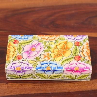 'Floral Leaf Bird-Themed Papier Mache on Wood Decorative Box'