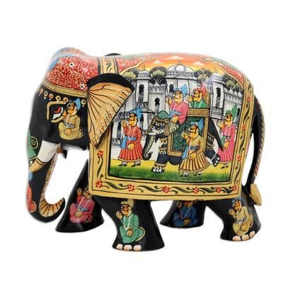 'Hand-Painted Traditional Black Elephant Sculpture from India'