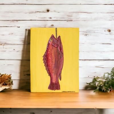 Catch of the Day,'Acrylic Realist Painting of Red Fish on a Yellow Background'