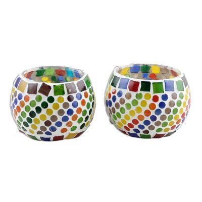 Festive Rainbow,'Glass Mosaic Tealight Candleholders (Pair)'