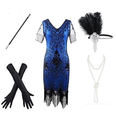 Anni Ruggenti Anni 1920 Lunghezza al ginocchio Vestito Abito Flapper Abiti Maniche corte Il grande Gatsby Invitato al matrimonio Paillettes Frangia con nappe Paillettes Nappa Scollo a V Costume Per