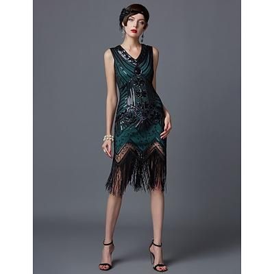 Anni Ruggenti Anni 1920 Lunghezza al ginocchio Vestito Abito Flapper Costumi di Halloween Senza maniche Il grande Gatsby Charleston Invitato al matrimonio Paillettes Patchwork Scollo a V Costume Per