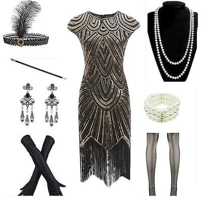 Anni Ruggenti Anni 1920 Lunghezza al ginocchio Vestito Abito Flapper Abiti Cortissima Il grande Gatsby Invitato al matrimonio Frangia con nappe Scollo a V Scollo Tondo Costume Per donna Carnevale