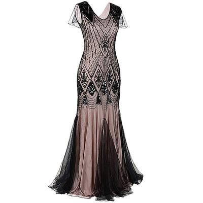 Anni Ruggenti Anni 1920 Maxi Lunghezza alla caviglia Vestito Abito da sera Abito da Ballo Normale Maniche corte Il grande Gatsby Charleston Invitato al matrimonio Paillettes Geometrico Sirena Tromba