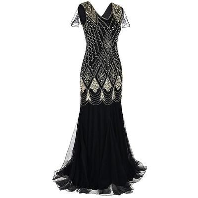 Anni Ruggenti Anni 1920 Maxi Lunghezza alla caviglia Vestito Abito da sera Abito da Ballo Normale Maniche corte Il grande Gatsby Charleston Invitato al matrimonio Paillettes Geometrico Sirena Tromba