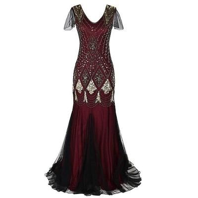 Anni Ruggenti Anni 1920 Lunghezza al pavimento Vestito Abito da sera Abito per Festa di Natale Maniche corte Il grande Gatsby Invitato al matrimonio Paillettes Scollo a V Costume Per donna Carnevale