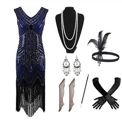 Anni Ruggenti Anni 1920 Lunghezza al ginocchio Abito Flapper Abiti Fascia Flapper Senza maniche Il grande Gatsby Invitato al matrimonio Paillettes Frangia con nappe Scollo a V Costume Per donna