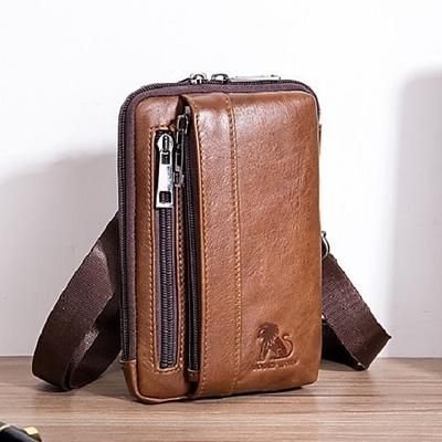 elegante borsa a tracolla verticale in pelle marrone: borsa a tracolla compatta da uomo con molteplici tasche con cerniera, ideale per l'uso quotidiano e i viaggi