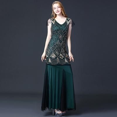 Anni Ruggenti Anni 1920 Lunghezza alla caviglia Vestito Abito da sera Maniche corte Il grande Gatsby Invitato al matrimonio Paillettes Scollo a V Costume Per donna Mascherata Festa serale Matrimonio