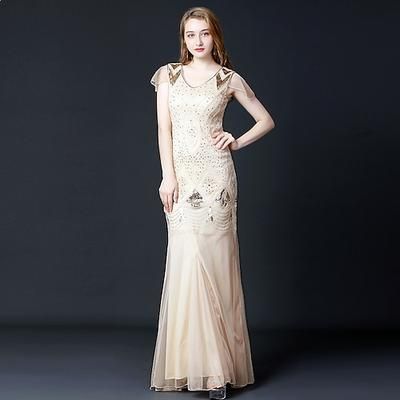 Anni Ruggenti Anni 1920 Lunghezza alla caviglia Vestito Abito da sera Maniche corte Il grande Gatsby Invitato al matrimonio Paillettes Scollo a V Costume Per donna Mascherata Festa serale Matrimonio