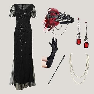 Anni Ruggenti Anni 1920 Il grande Gatsby Lunghezza alla caviglia Lunghezza lunga Vestito Abito da sera Abiti Maniche corte Il grande Gatsby Charleston Invitato al matrimonio Piuma Scollo a V Costume