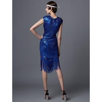 Anni Ruggenti Anni 1920 Lunghezza al ginocchio Vestito Abito Flapper Abito da cocktail Cortissima Il grande Gatsby Charleston Invitato al matrimonio Paillettes Frangia con nappe Tinta unita Scollo