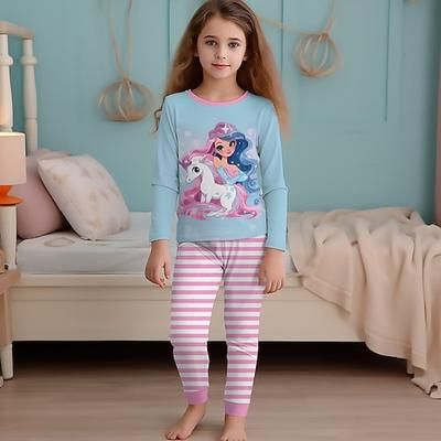 Da ragazza 3D Arcobaleno Unicorno Set pigiama Manica lunga Stampa 3D Autunno Inverno Attivo Di tendenza stile sveglio Bambino 4 anni Girocollo Interni Casual Al coperto Standard