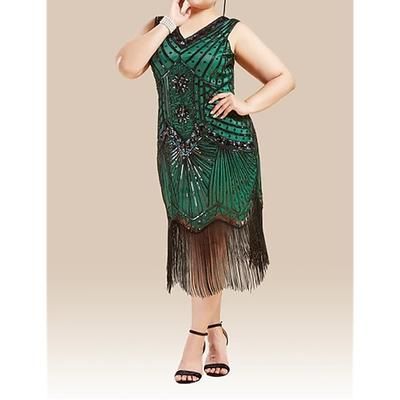 Anni Ruggenti Anni 1920 Midi Vestito Abito Flapper Abito da Ballo Taglie Forti Normale Senza maniche Il grande Gatsby Charleston Invitato al matrimonio Paillettes Scollo a V Costume Per donna