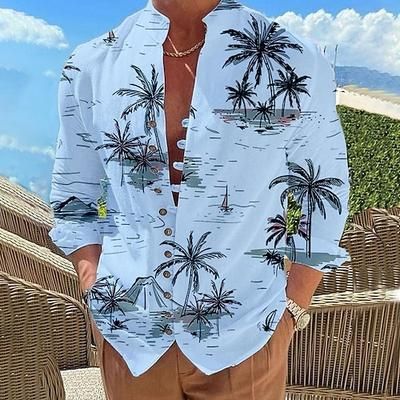 Per uomo Albero di Cocco Piante Tropicali Camicia Camicia hawaiana estiva Camicia Aloha Manica Lunga Camicia Collo alla coreana Moda Designer Casual All'aperto Vacanza Streetwear Bianco Rosa Blu S M L