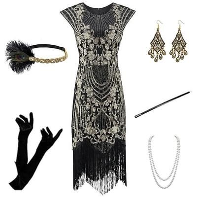 Anni Ruggenti Anni 1920 Lunghezza al ginocchio Vestito Abito Flapper Abiti Senza maniche Il grande Gatsby Charleston Taglie Forti Frangia con nappe Piuma Scollo a V Costume Per donna Carnevale