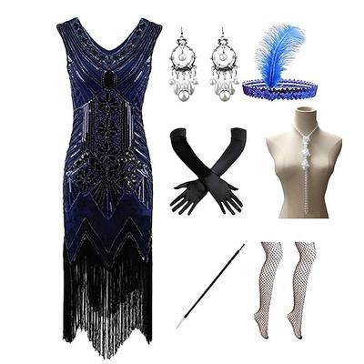 Anni Ruggenti Anni 1920 Lunghezza al ginocchio Vestito Abito Flapper Abiti Senza maniche Il grande Gatsby Charleston Taglie Forti Frangia con nappe Piuma Scollo a V Costume Per donna Carnevale