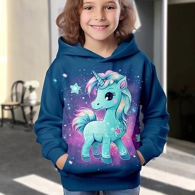 Da ragazza 3D Animali Unicorno Felpa con cappuccio Manica lunga Stampa 3D Primavera Autunno Inverno Di tendenza Streetwear Adorabile Bambino 3-12 anni Esterno Giornaliero Al coperto Standard
