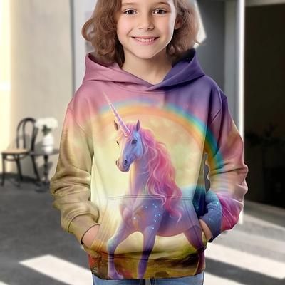 Da ragazza 3D Animali Unicorno Felpa con cappuccio Manica lunga Stampa 3D Primavera Autunno Inverno Di tendenza Streetwear Adorabile Bambino 3-12 anni Esterno Giornaliero Al coperto Standard