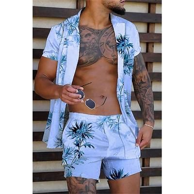 Per uomo Albero di Cocco Piante Tropicali 2 pezzi Set di camicie Camicia hawaiana estiva Manica Corta Pantaloni corti Collo ripiegato Tropicale Moda Hawaiano Streetwear Casuale Ferie Stampato Estate
