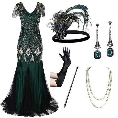 Anni Ruggenti Anni 1920 Lunghezza al pavimento Vestito Abito da sera Abiti Maniche corte Il grande Gatsby Invitato al matrimonio Paillettes Scollo a V Costume Per donna Festa serale Abbigliamento da