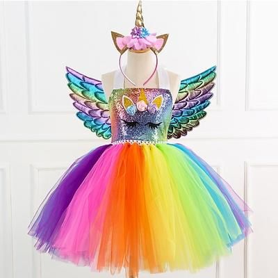 Settimana del libro 2026 Regina delle nevi Unicorno Vestito Ali Fascia Danza stretto Tutù Abito da vacanza for Ragazze Bambini Bambino (1-4 anni) Natale Carnevale Capodanno Matrimonio Ospite di nozze